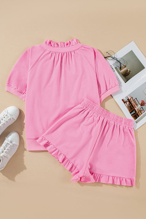 Half Zip Puff Sleeve Top and Ruffled Shorts Set